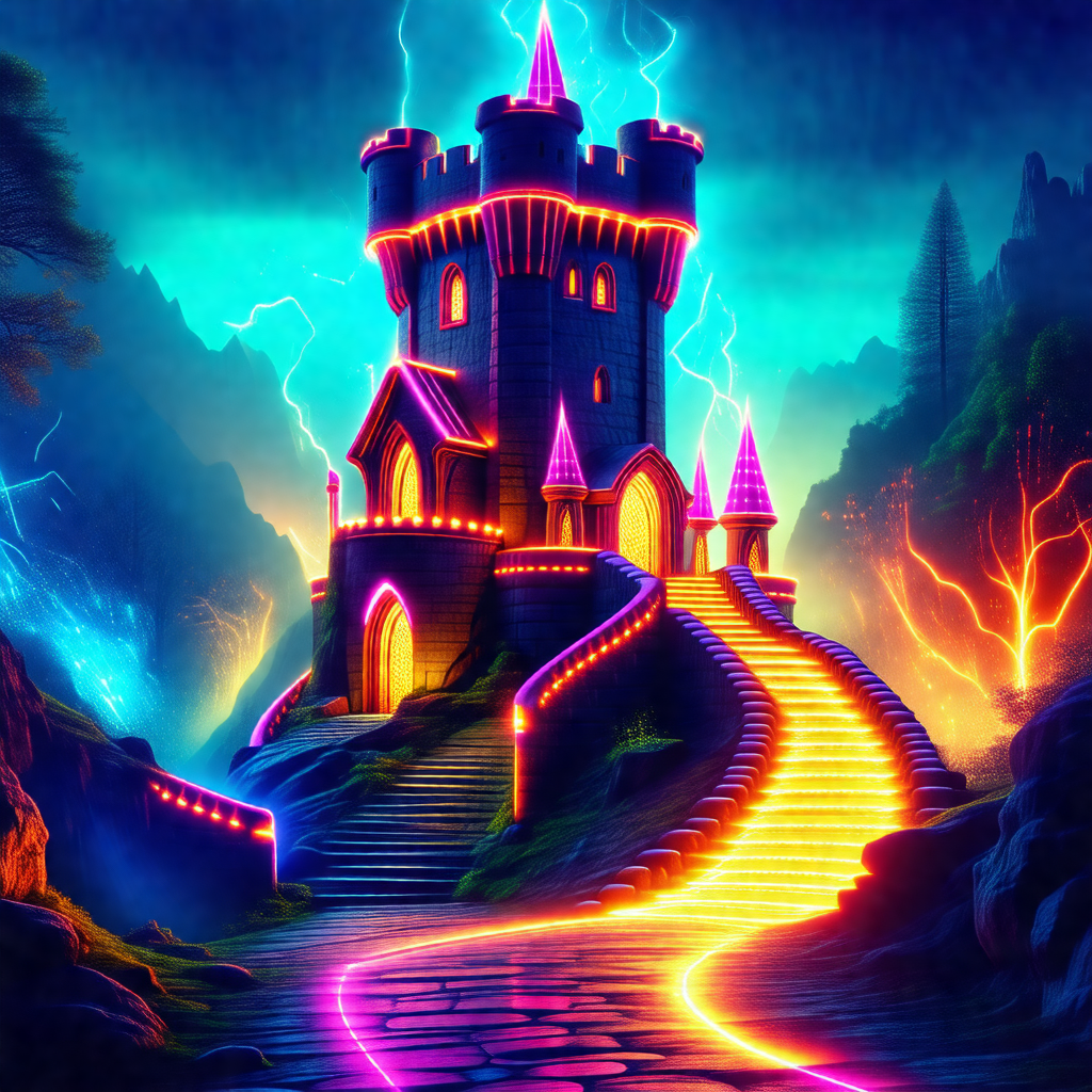 Colorful, fantasy-themed painting of a castle with a rain...