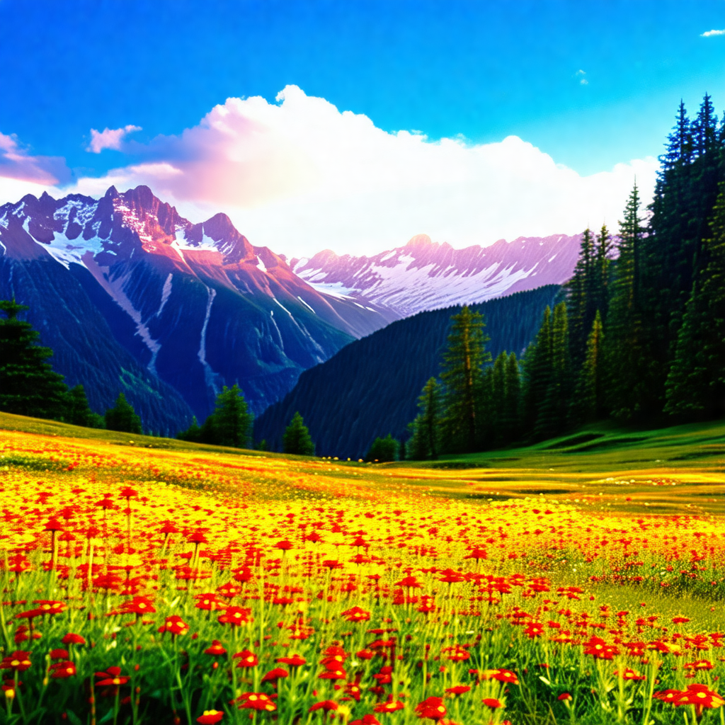Beautiful mountain landscape with a lush green field and ...