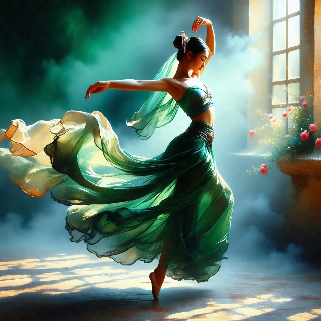 Woman in a green dress, dancing gracefully in a room