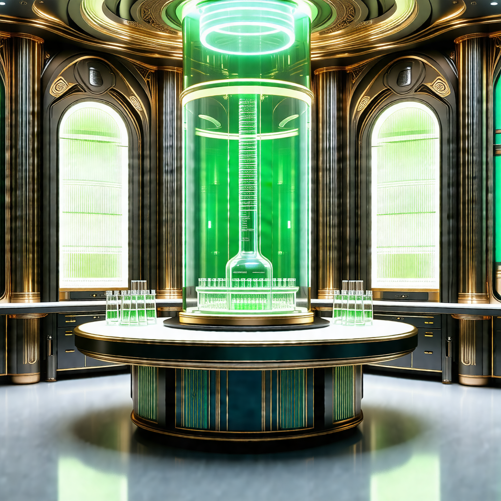 Large, green, glowing vase sitting on a table in a room