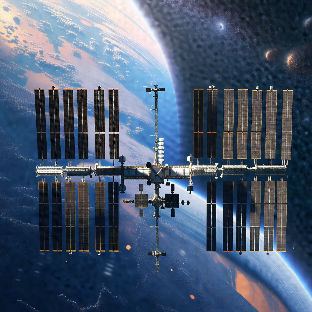 Space shuttle with a large number of solar panels on its ...