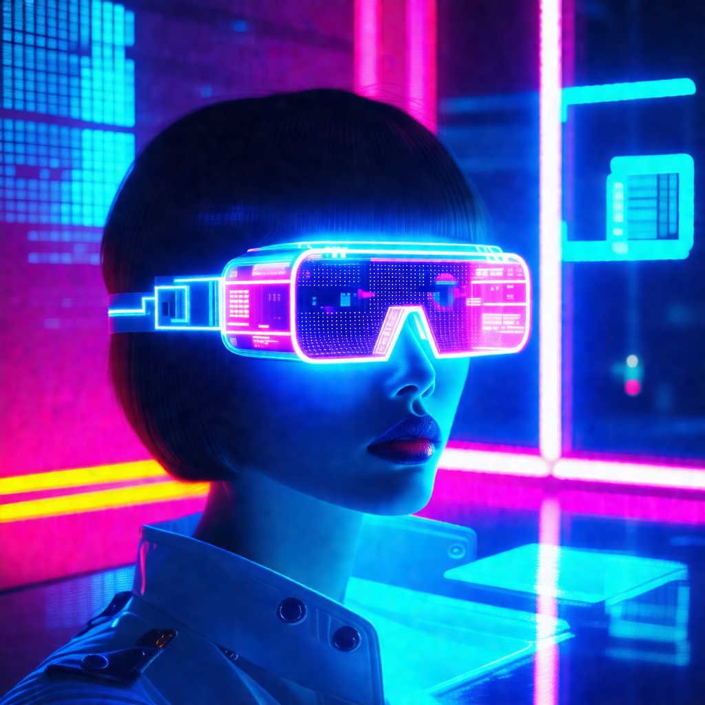 Woman wearing a pair of glowing sunglasses, which are ill...