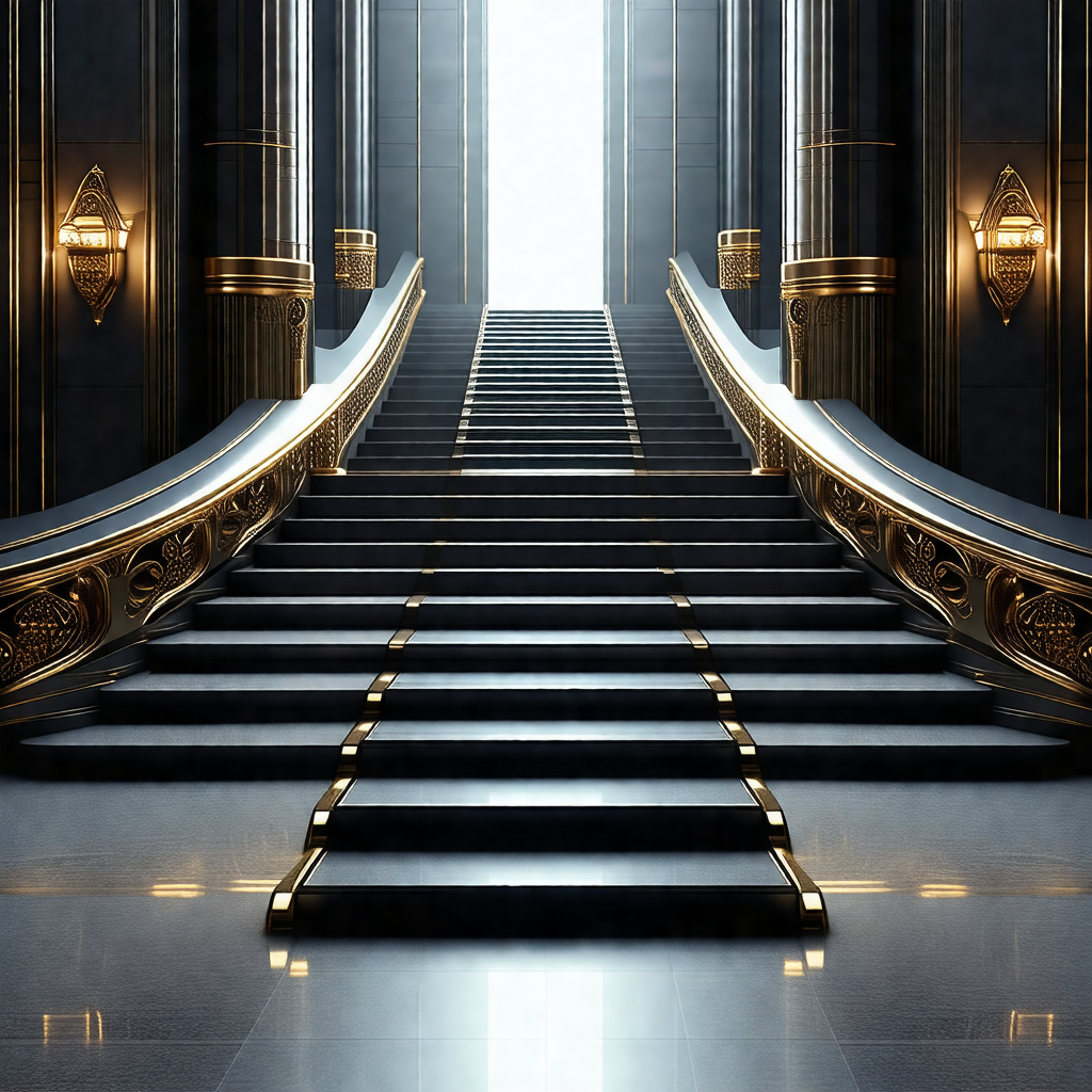 Grand staircase with a gold railing, leading to a doorway
