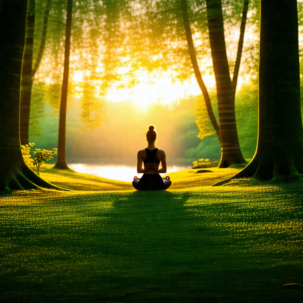 Woman sitting in a grassy area, surrounded by trees