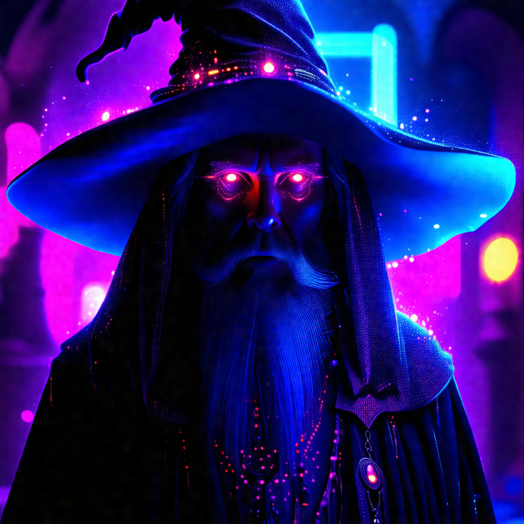 Man wearing a wizard's hat and a long robe, standing in a...