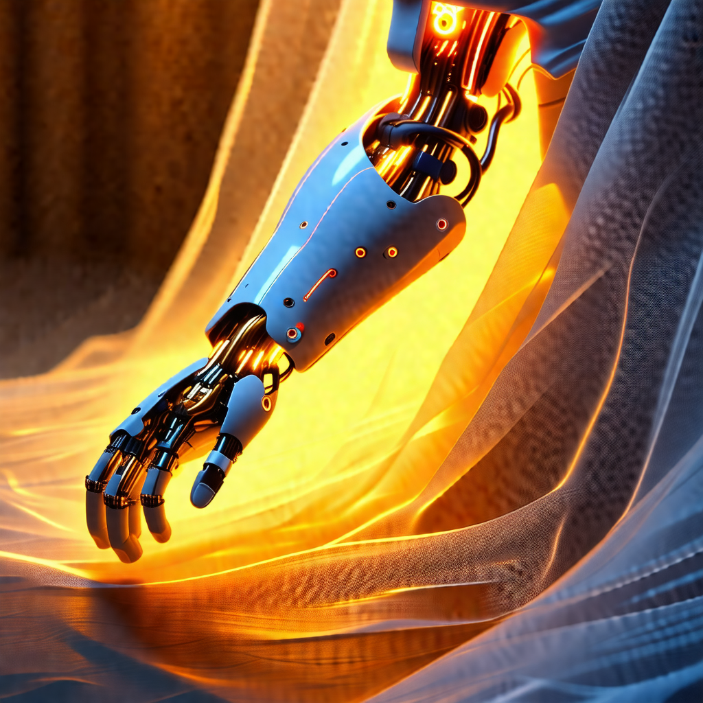 Robotic arm with a glowing orange light, possibly an arti...