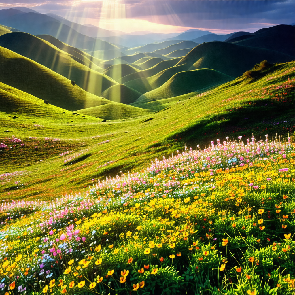 Beautiful, lush green hillside with a vibrant yellow sun ...
