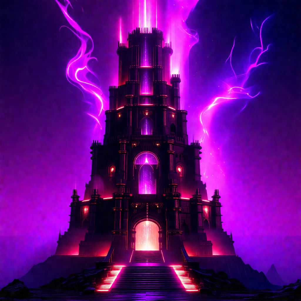 Large, purple castle with a tall tower