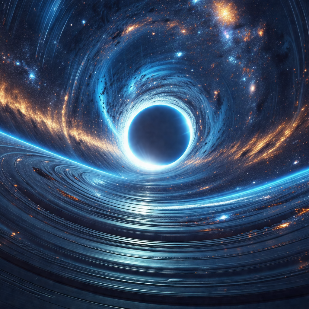 Large, dark, and swirling hole in the center of a brightl...