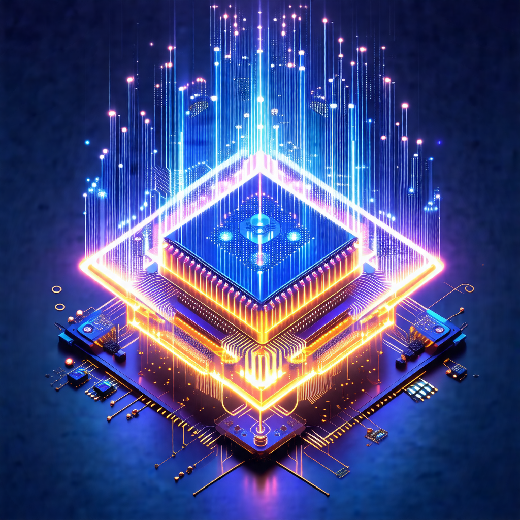 Futuristic, blue and yellow design with a central square