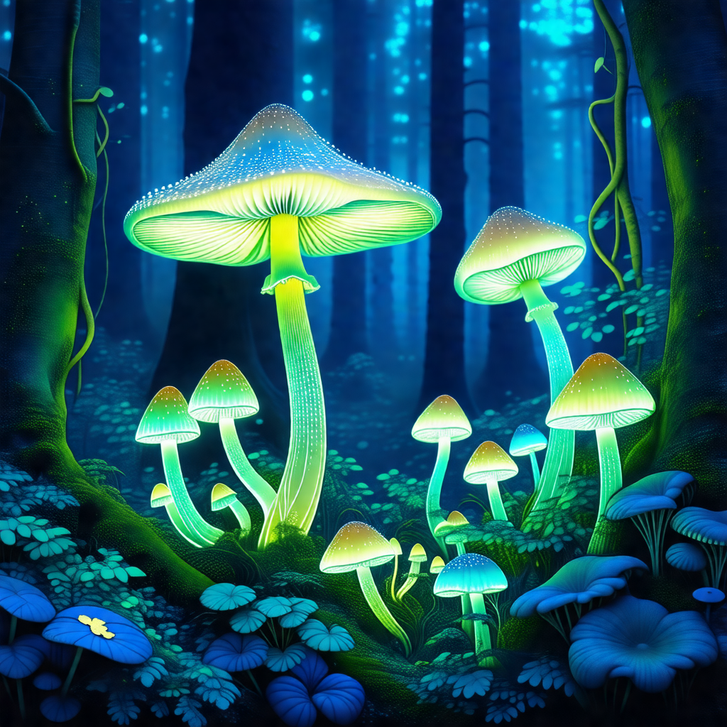 Lush green forest with a group of glowing mushrooms scatt...