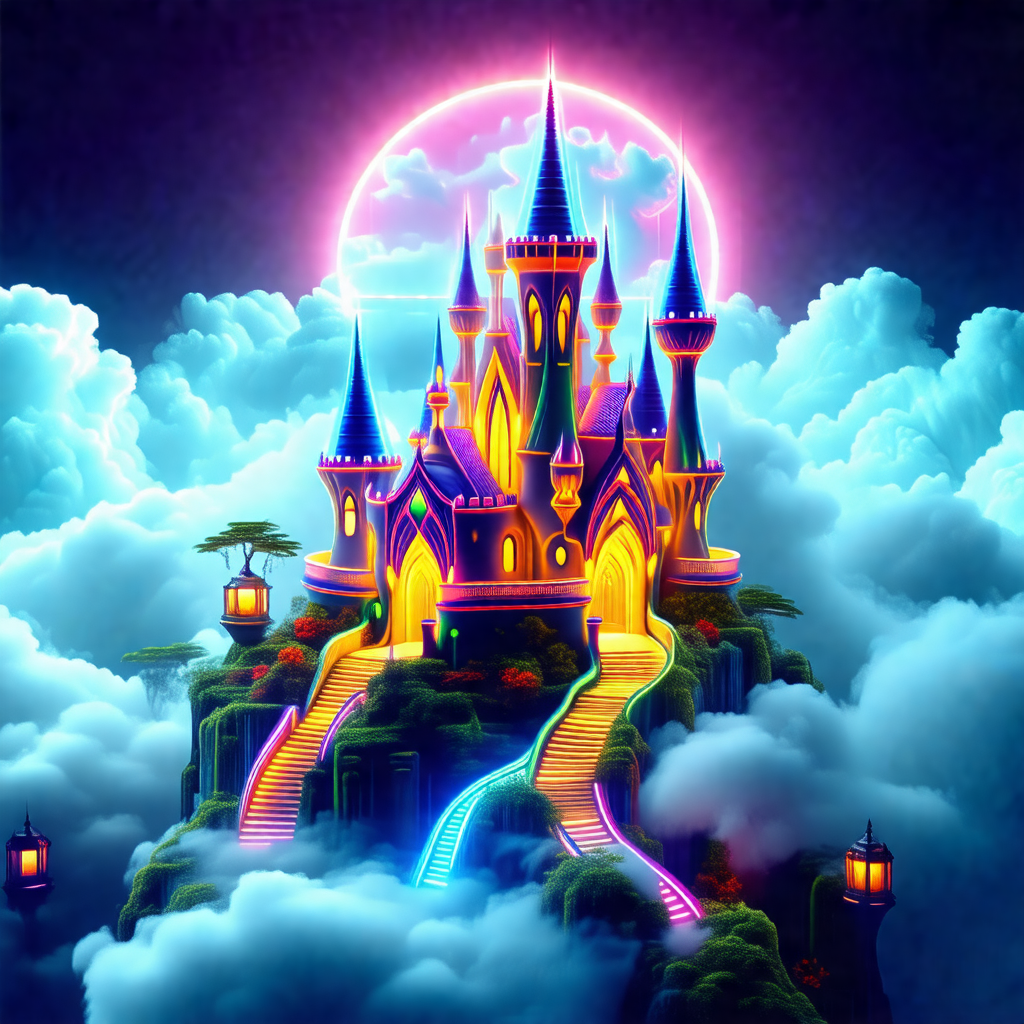Colorful, fantasy-like castle with a purple and yellow co...