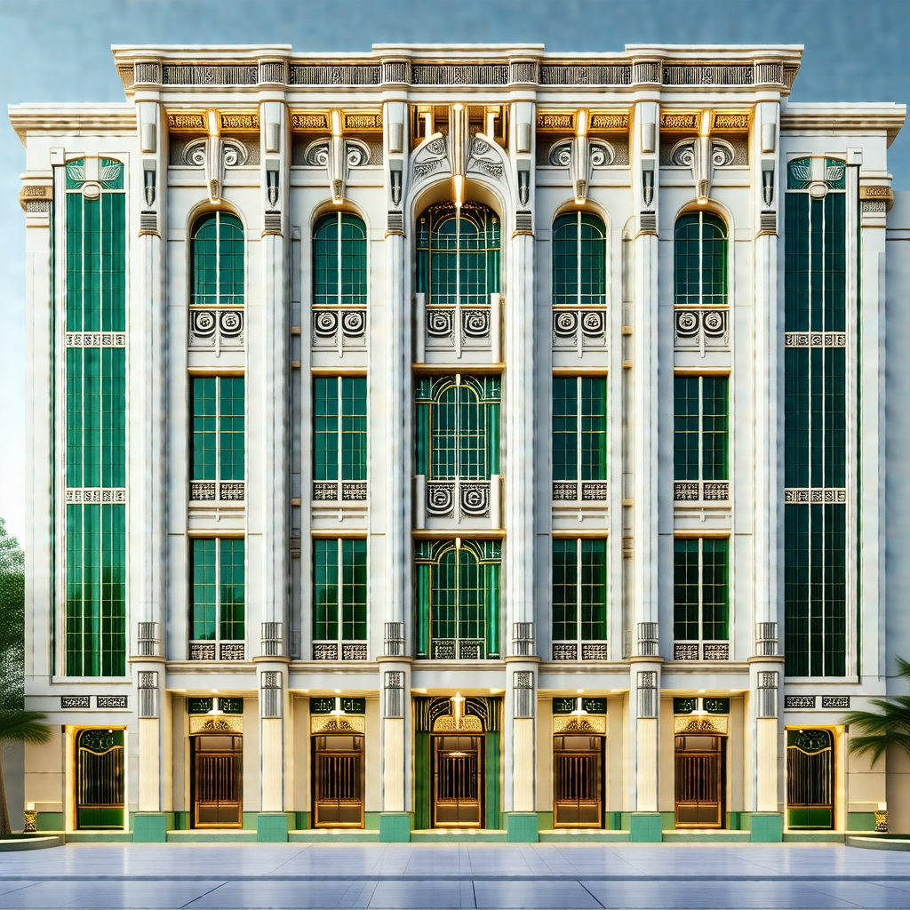 Large, white, and green building with many windows