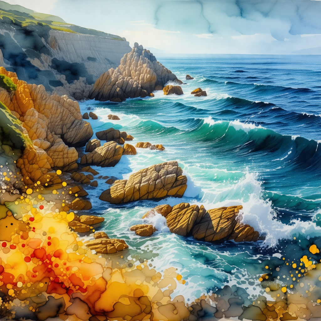 Painting of a rocky coastline with a large body of water