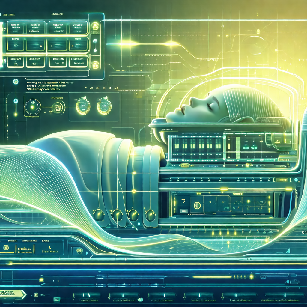 Futuristic scene with a person lying in a bed that is sur...