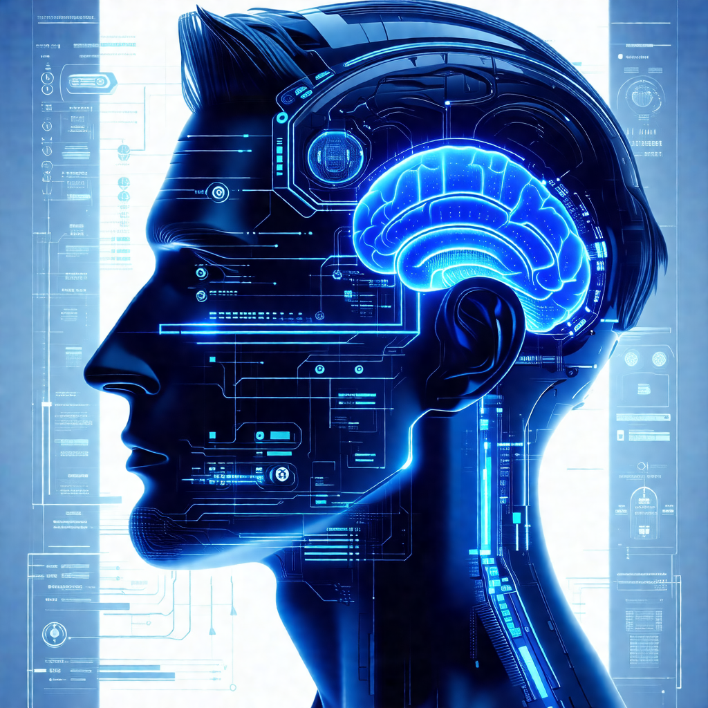 Close-up of a man's head, with a blue and white color scheme
