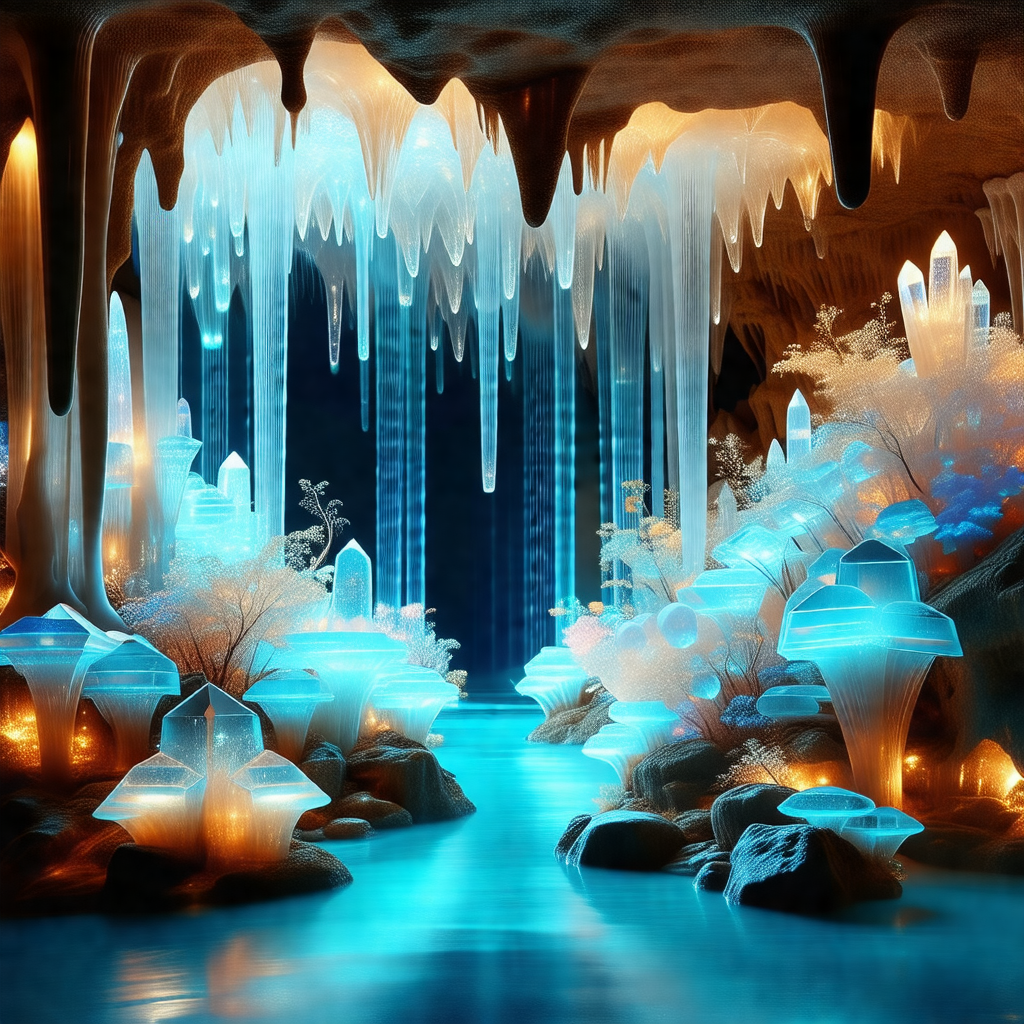 Cave with a blue light illuminating the space