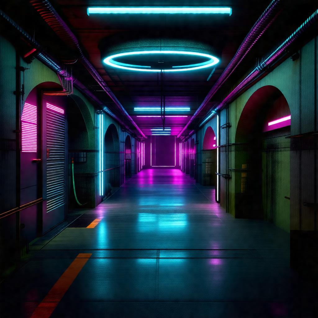 Black and white photo of a long hallway with a blue glow