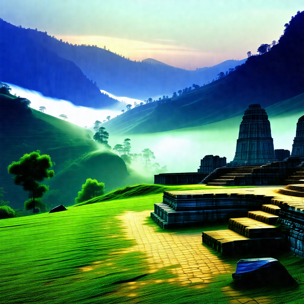 Beautiful landscape with a large, ancient stone structure...