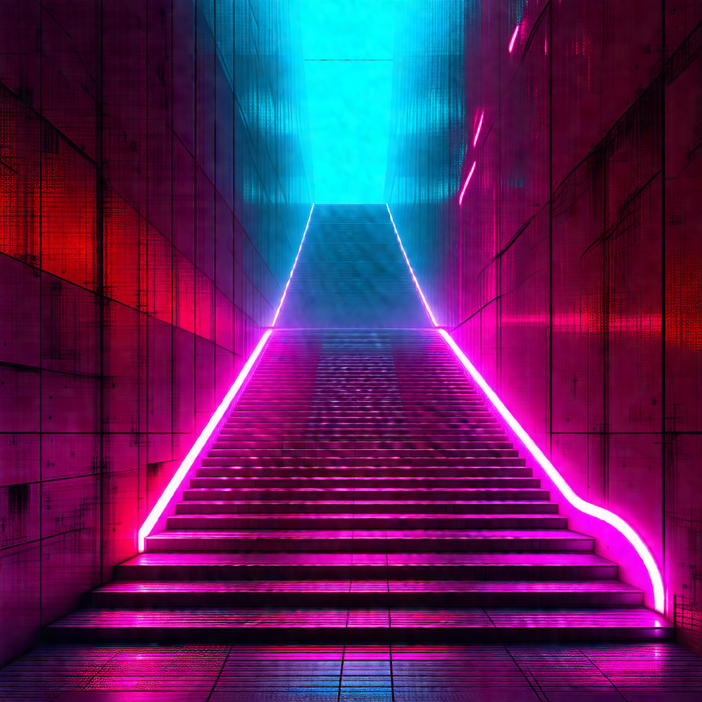 Long, narrow hallway with a pink light illuminating the s...