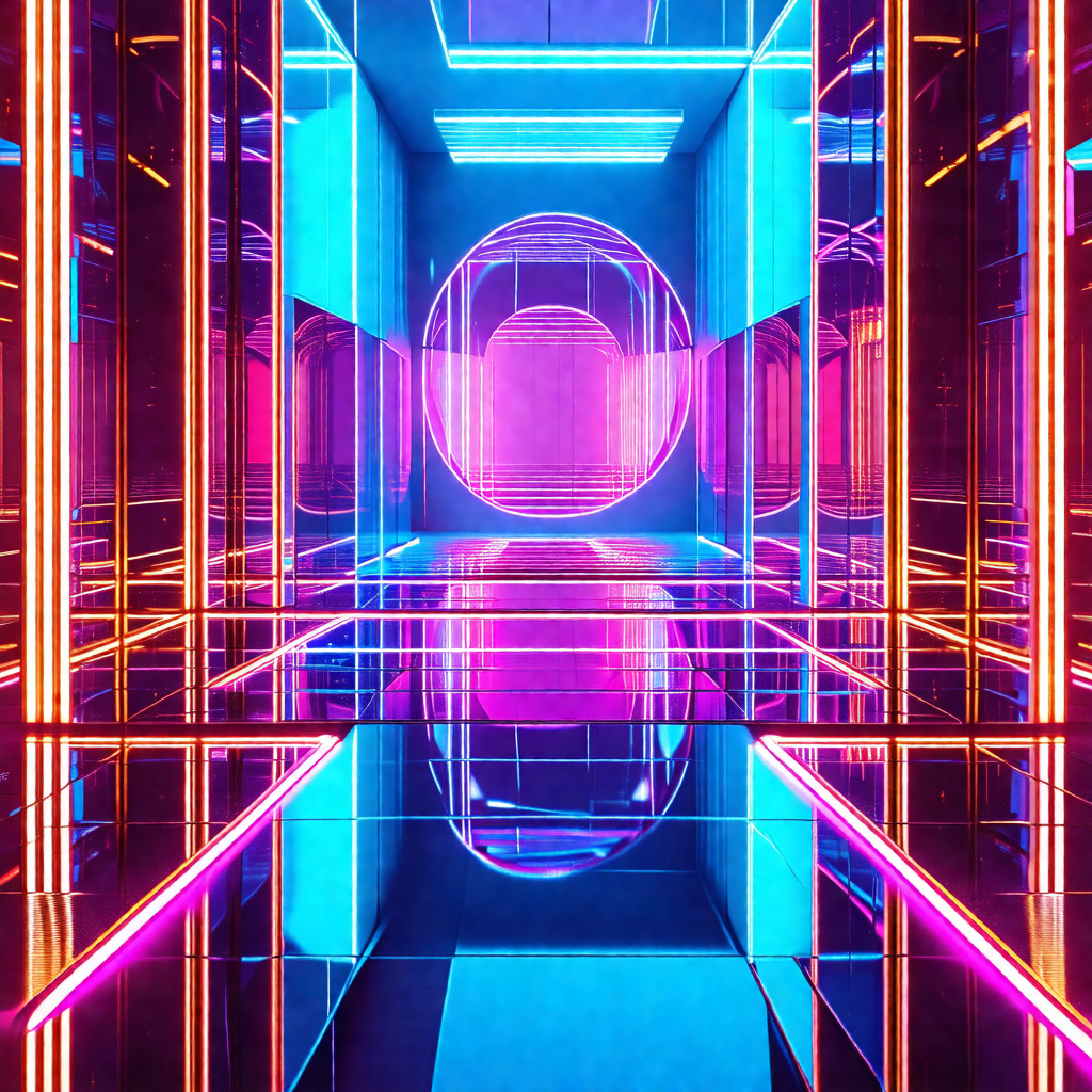 Futuristic, neon-lit room with a circular, reflective sur...