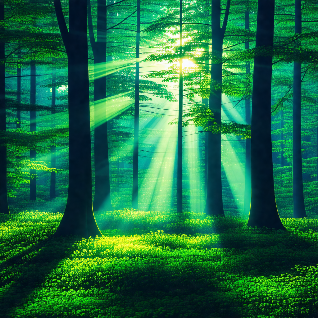 Lush green forest filled with trees and sunlight