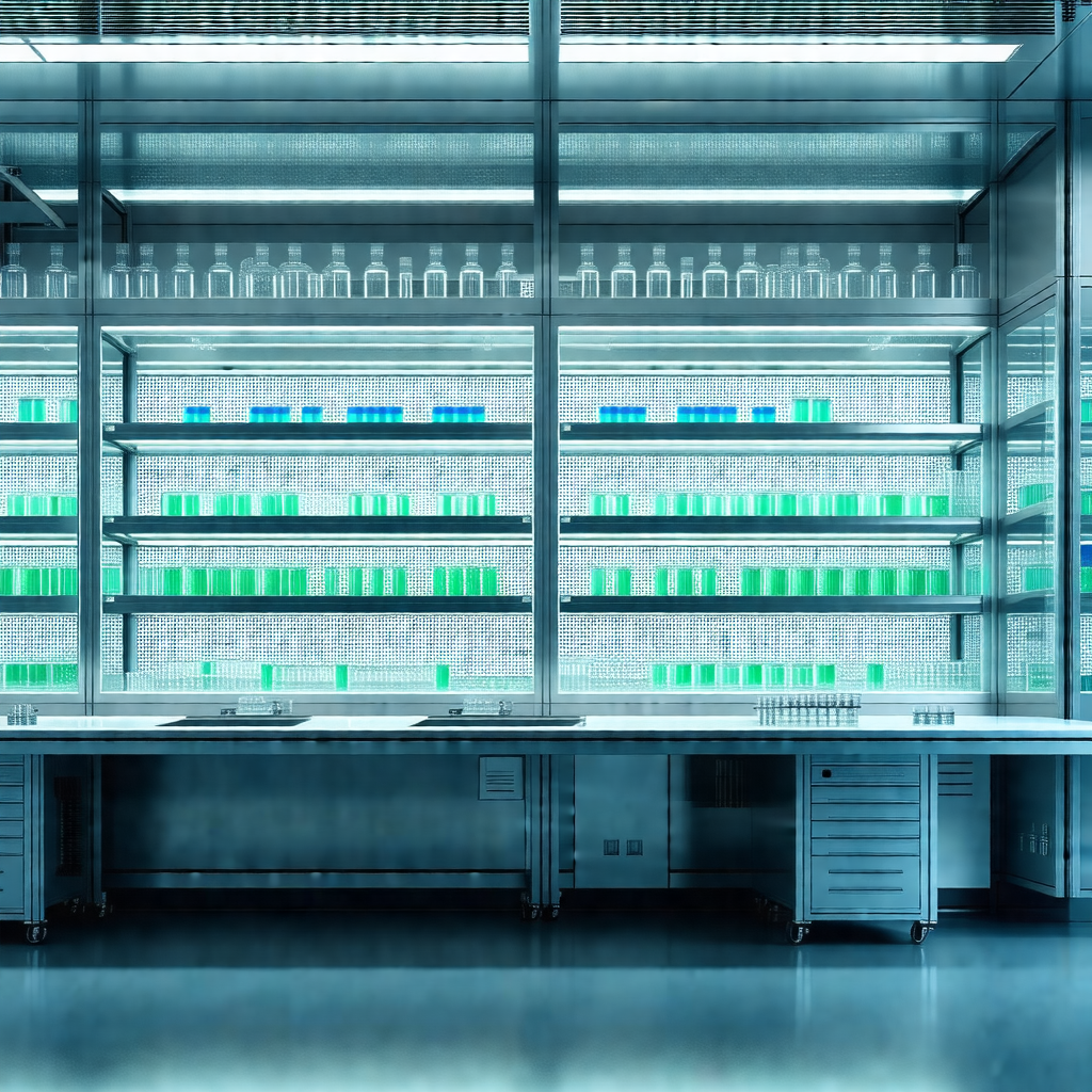 Large, well-lit laboratory with a long counter filled wit...