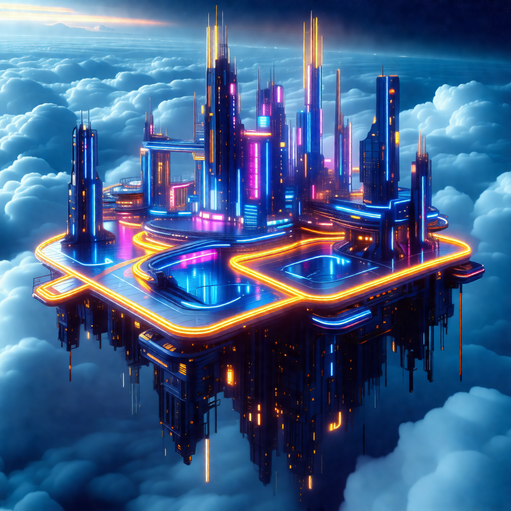 Futuristic cityscape with a large, sprawling cityscape in...