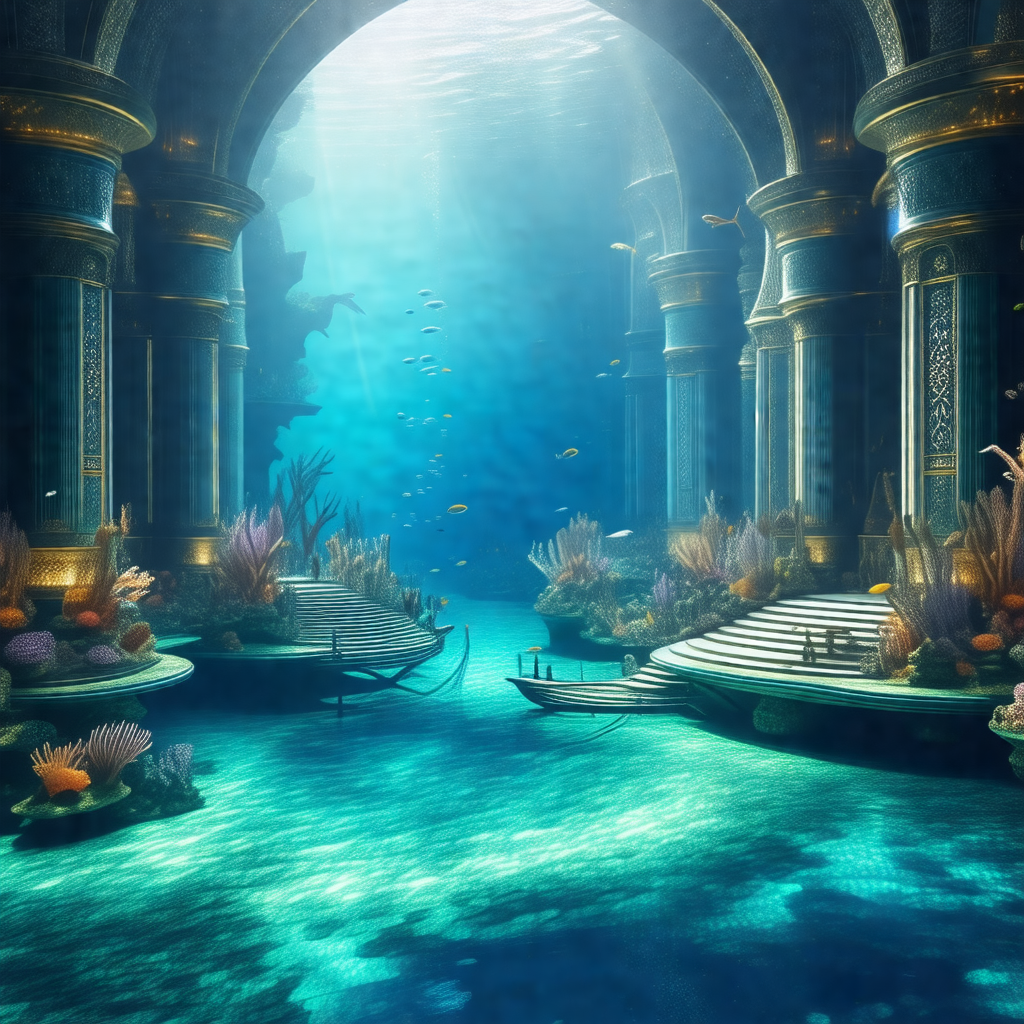 Large, underwater palace with a variety of sea creatures ...