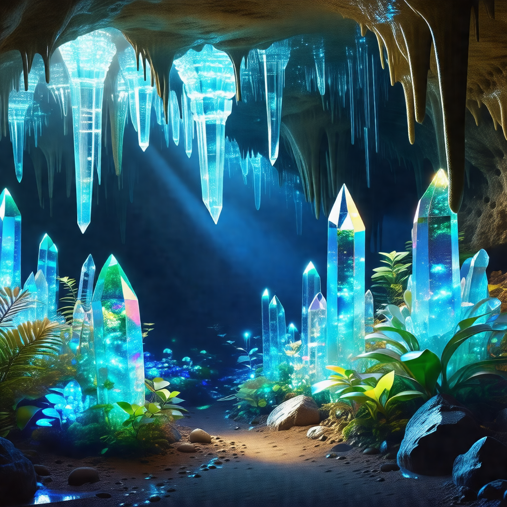Cave with a blue light illuminating the space