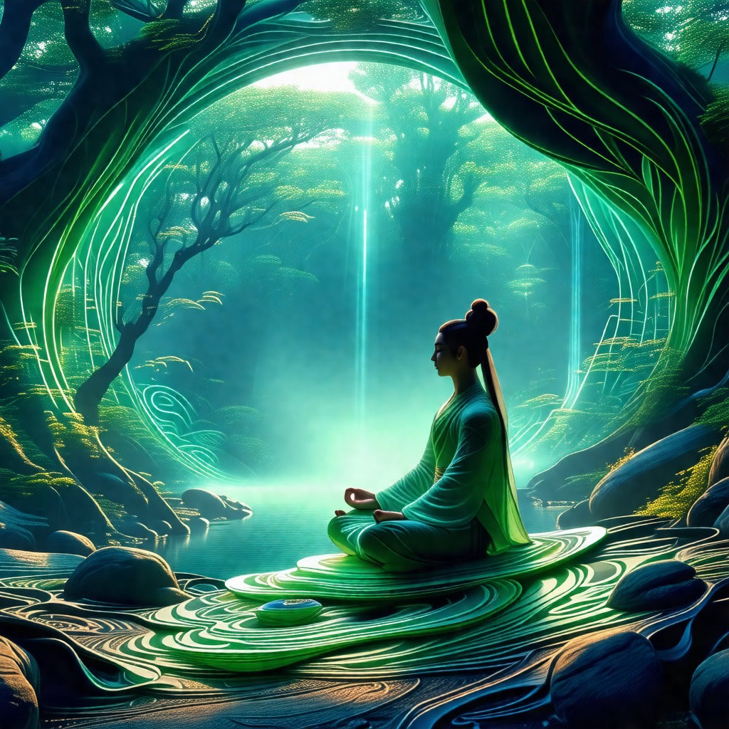 Woman sitting in a forest, surrounded by trees and rocks