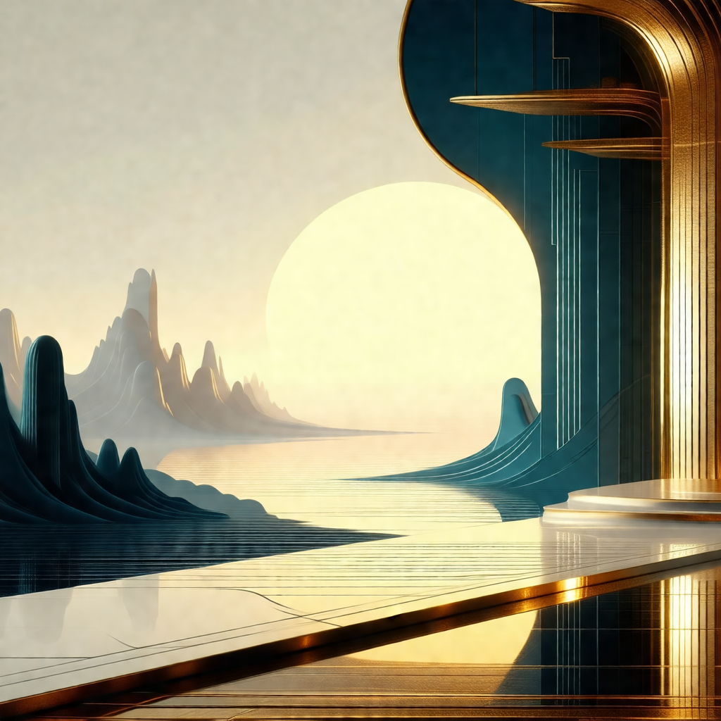 Painting of a futuristic cityscape with a large, shiny bu...