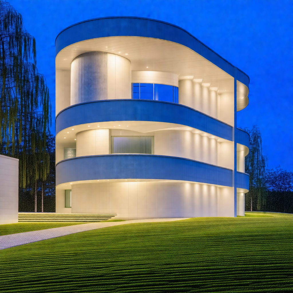 Large, modern building with a unique, curved design