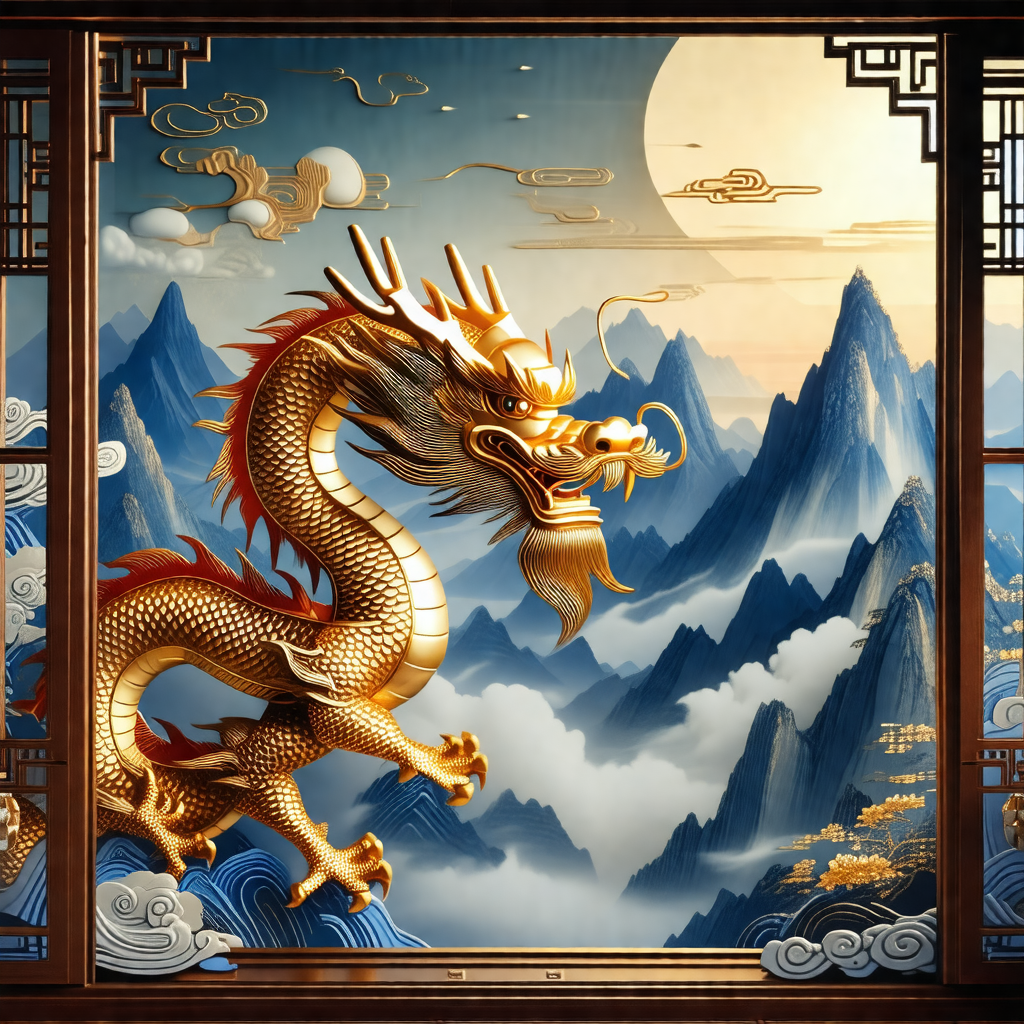 Large, intricately painted dragon with a golden color, po...