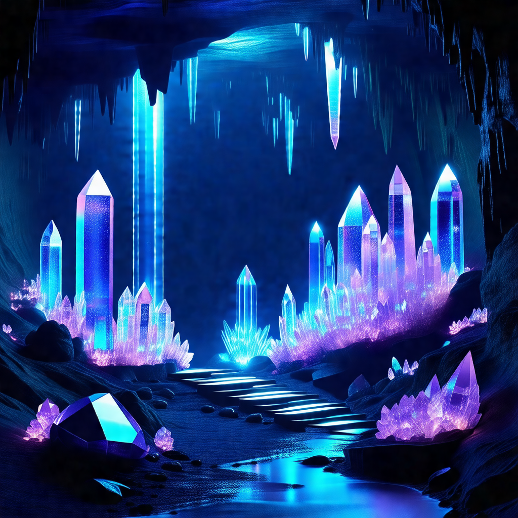 Cave with a blue light illuminating the space