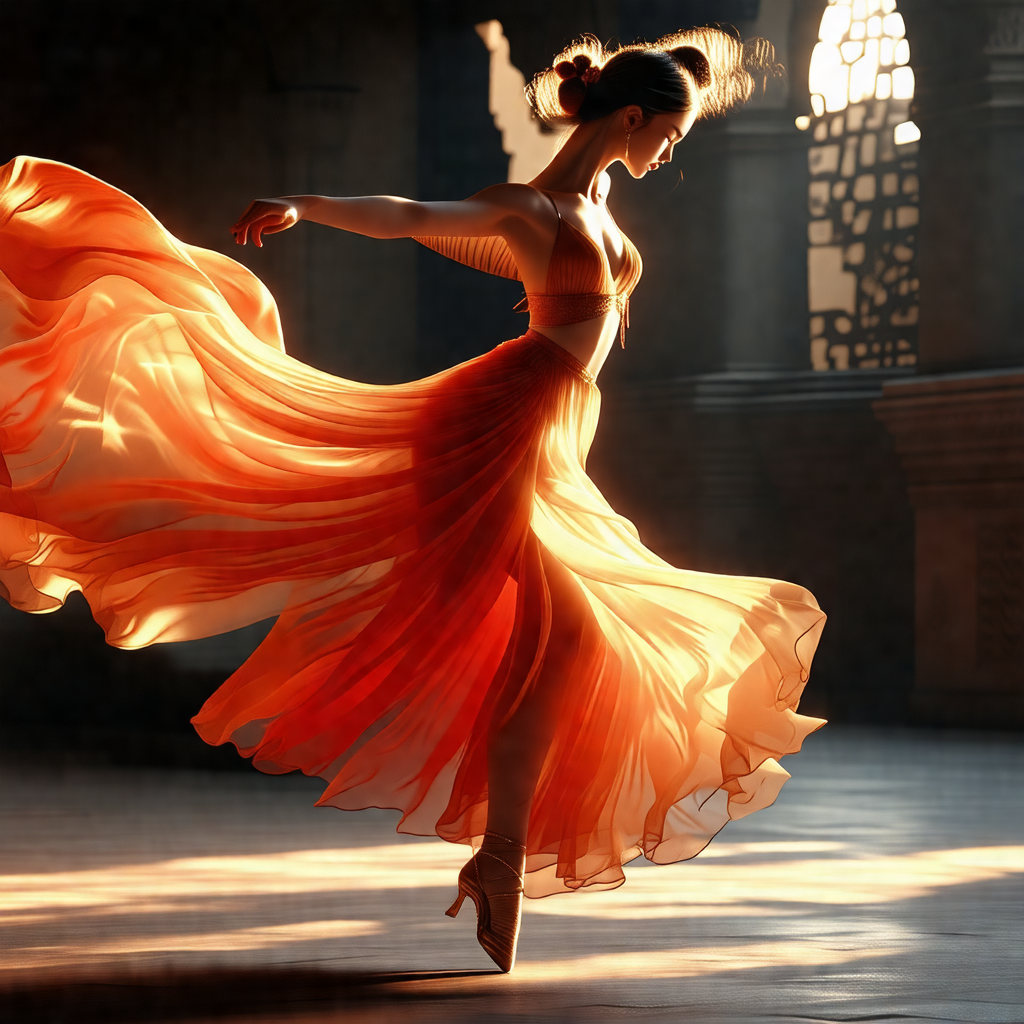 Woman in a flowing orange dress, gracefully dancing on a ...