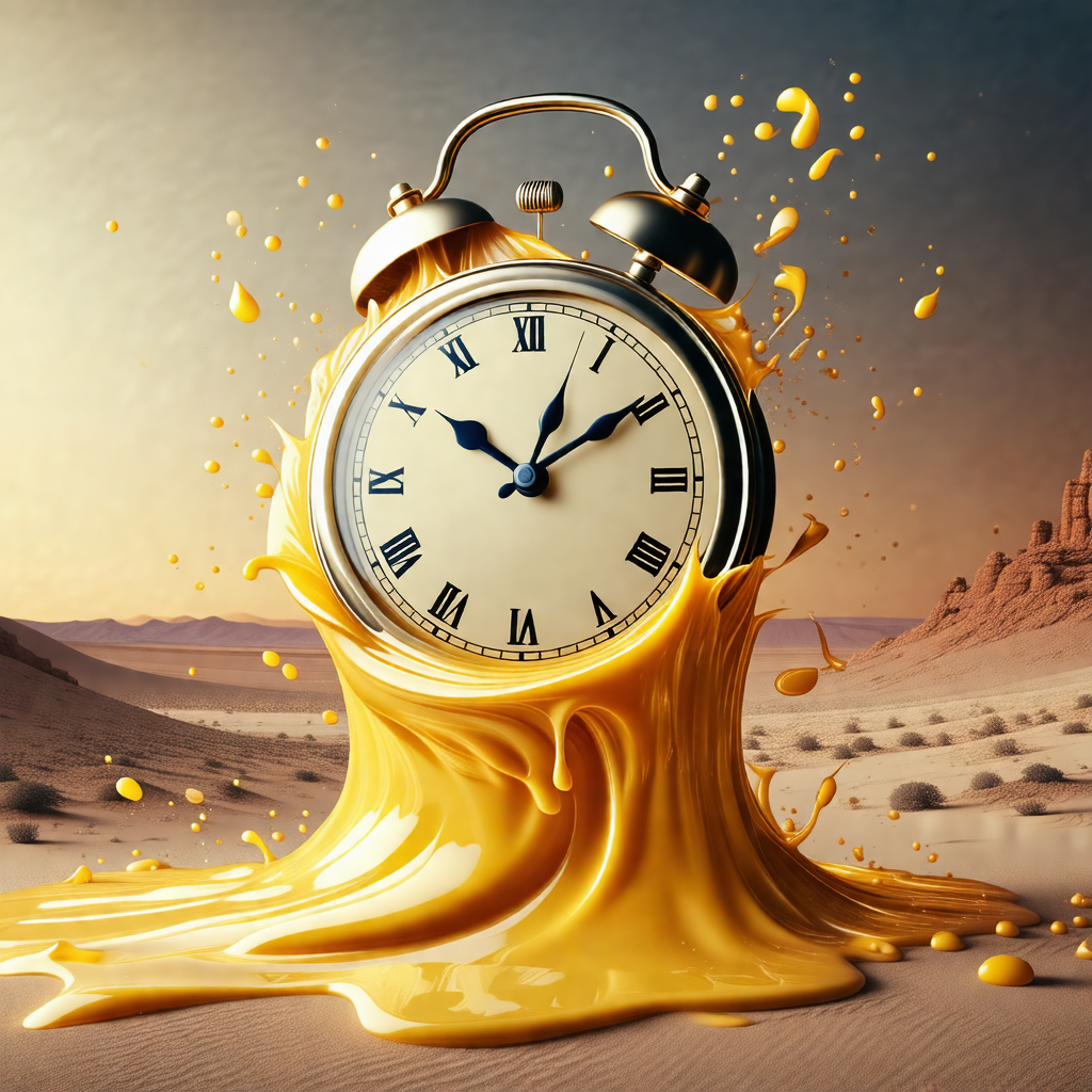 Large clock with roman numerals, placed in a desert-like ...