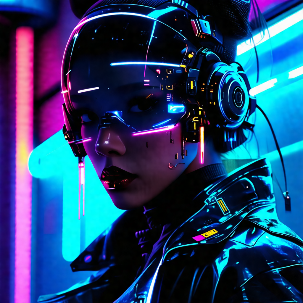 Woman wearing a futuristic outfit, including a black jack...