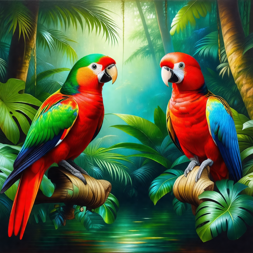 Two colorful parrots perched on tree branches in a lush g...