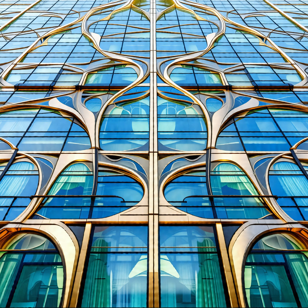 Tall building with a unique design, resembling a sculptur...