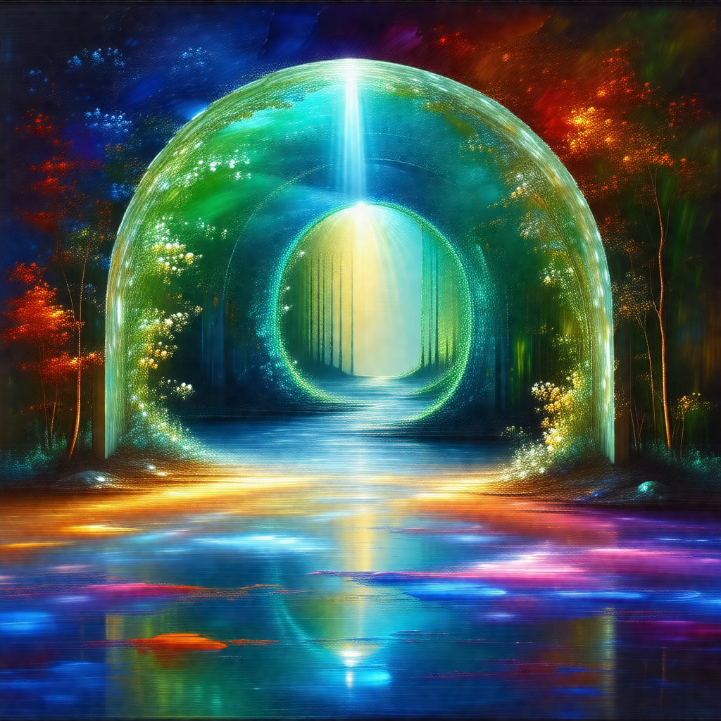 Beautifully painted scene of a rainbow-colored tunnel