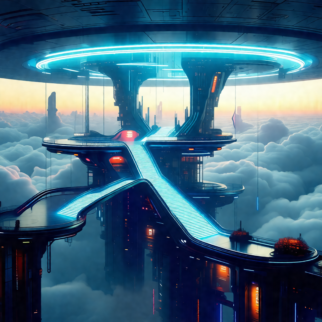 Futuristic cityscape with a large, multi-level building t...