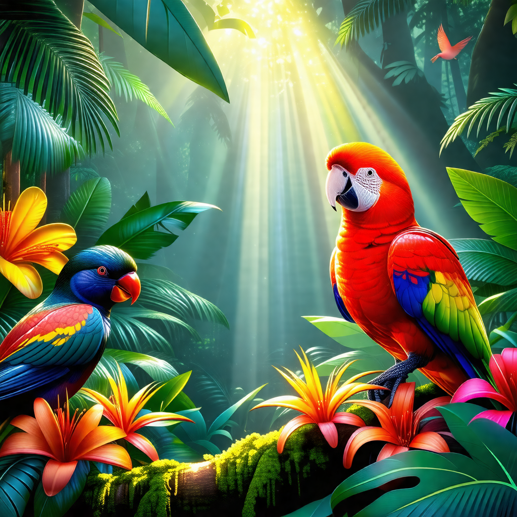 Lush green forest with two colorful parrots perched on a ...