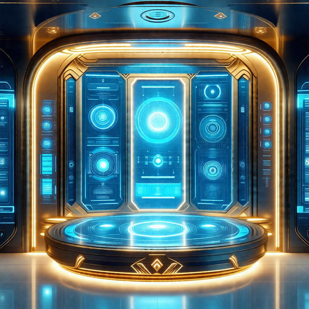 Futuristic room with a large, circular, blue-lit platform...
