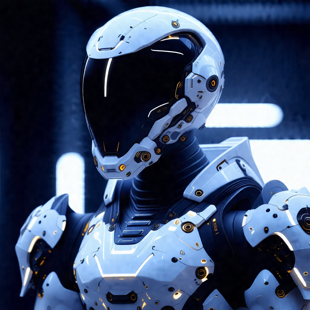 Futuristic robot with a white helmet, standing in a dark ...