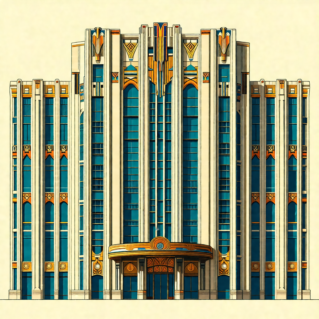 Colorful drawing of a large building with many windows