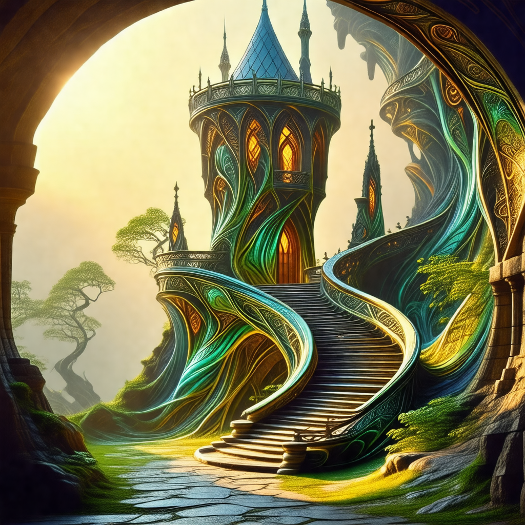 Painting of a castle with a staircase leading up to it