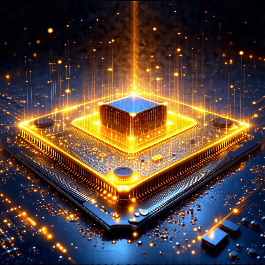 Close-up of a computer chip with a blue square in the center