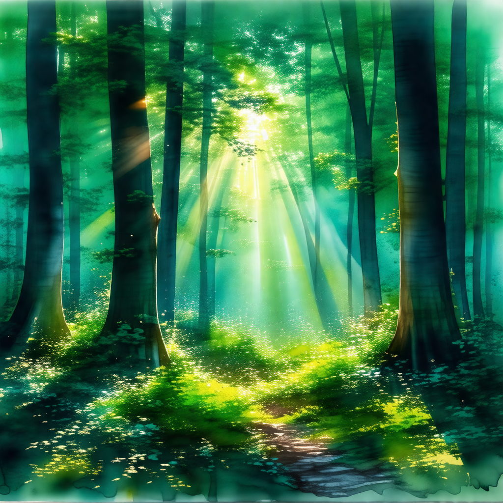 Lush green forest filled with trees and sunlight