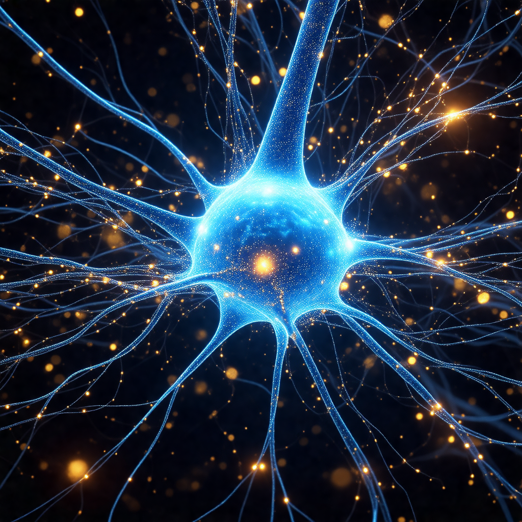 Close-up of a blue and yellow neuron, with a bright blue ...